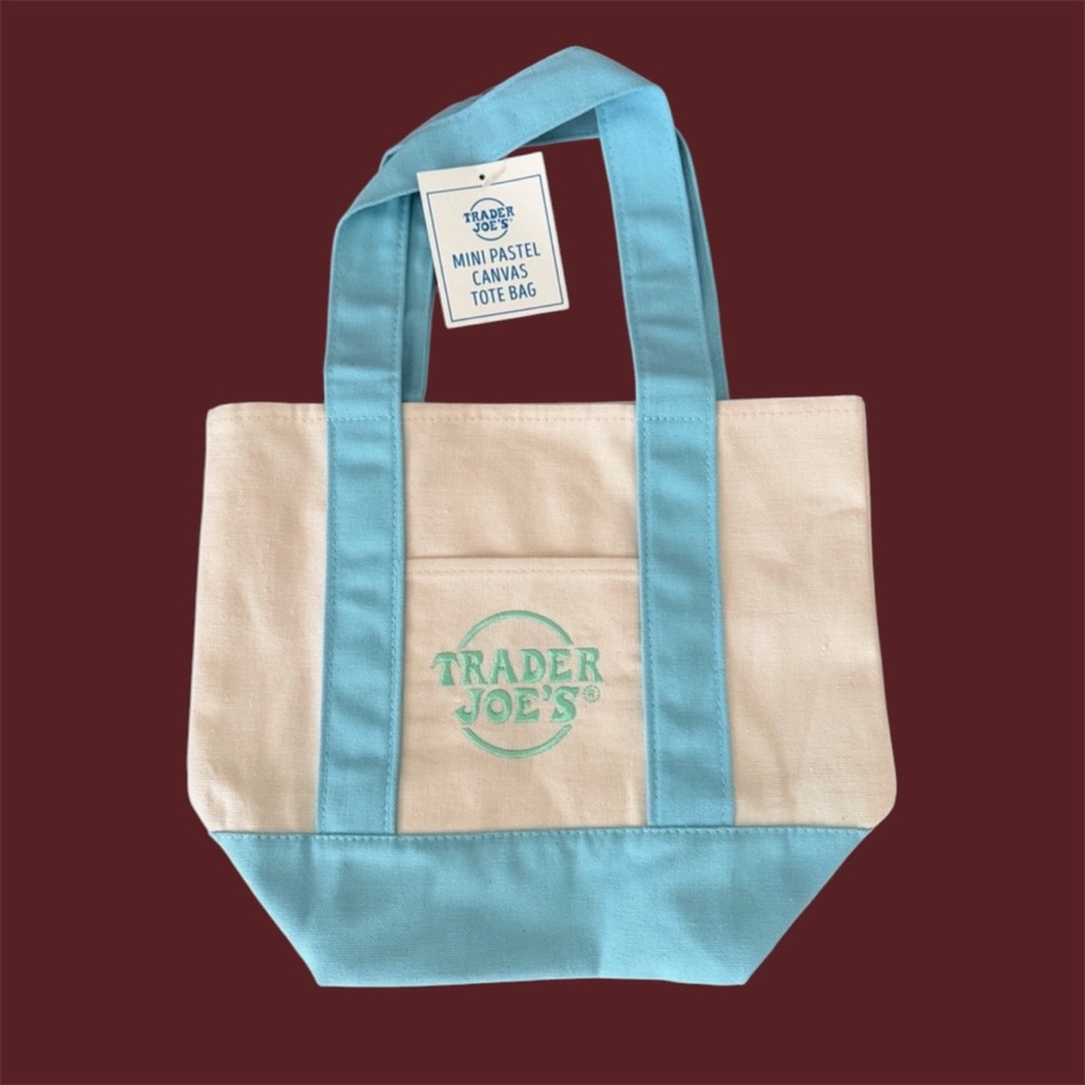 Trader Joe's Cream and Pastel Blue Canvas Tote Bag